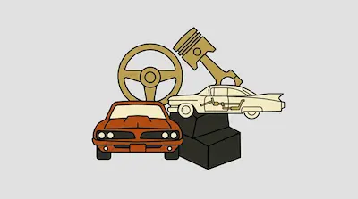 A steering wheel, a piston, an orange muscle car, and a white classic car arranged in a cluster.