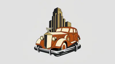 An orange and cream vintage car positioned in front of a tall, tiered skyscraper.