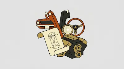 A cluster of car parts and a blueprint, including a steering wheel, engine, and the front of a classic car.