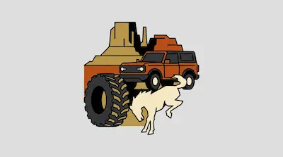 Flat illustration of an orange Ford Bronco with a white bull, large tread tire, and desert landscape