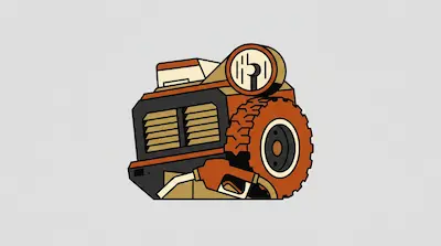 A stylized graphic featuring a large orange off-road tire, a fuel pump nozzle, and a headlight.