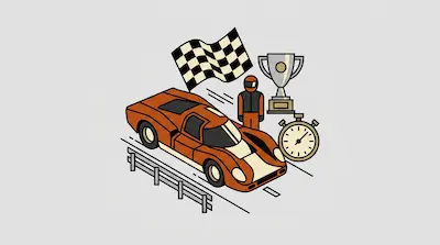 An orange race car on a track surrounded by a checkered flag, a driver, a trophy, and a stopwatch.