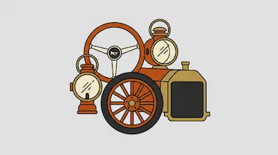 A stylized arrangement of vintage car parts, including a steering wheel, lanterns, a spoked wheel, and a radiator grill.