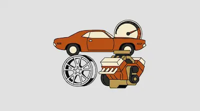 An orange muscle car and a speedometer are positioned above a car wheel and an engine.