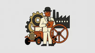 A man in a white suit and bowler hat holds a clipboard in front of a vintage car, gears, and a factory.