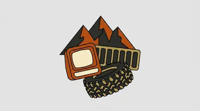 A stylized graphic featuring orange and grey mountains behind a vintage television, a shipping container, and an off-road tire.