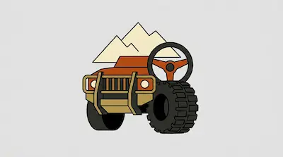 A stylized orange off-road vehicle with a large tire and steering wheel in front of mountain peaks.