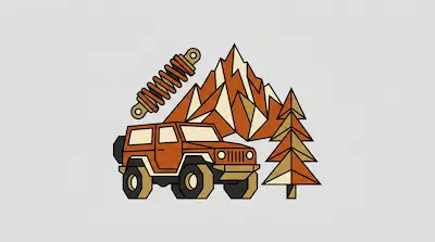 A stylized orange off-road vehicle sits in front of jagged mountains and a pine tree, with a shock absorber floating above.