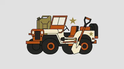 A stylized military jeep in orange and cream with a jerry can on the hood and a shovel leaning against the side.