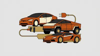 Flat illustration of Tesla cars in orange and tan, showing a sedan, pickup truck, and sports car with a power plug cable.