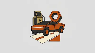 Flat illustration of a Tesla Cybertruck with angular design, charging station icon, and hexagon symbol
