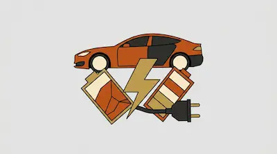 Flat illustration of a Tesla Model S with lightning bolt, battery icons, and a charging power plug