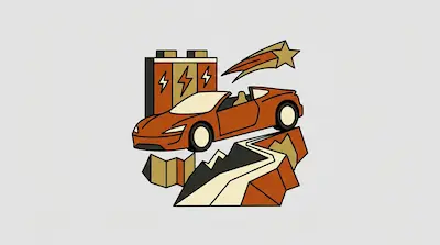 Flat illustration of a Tesla Roadster with lightning bolts, battery blocks, and energy power symbols