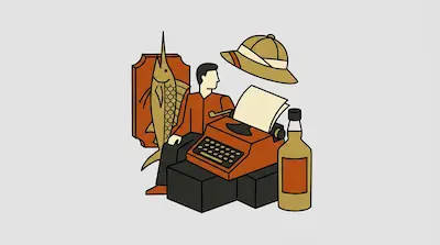 A man sits at a typewriter surrounded by a mounted marlin, a pith helmet, and a bottle of liquor.