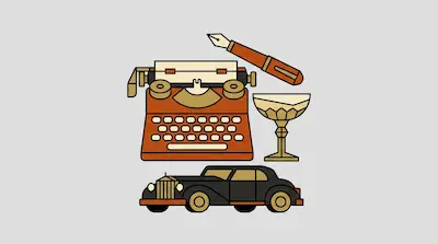 A typewriter, fountain pen, cocktail glass, and vintage car in a stylized graphic design.