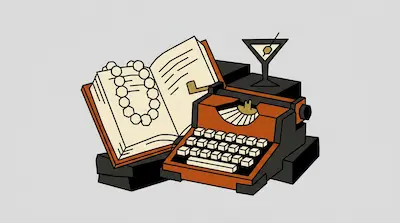 An open book with a beaded necklace, an orange typewriter, and a martini glass.