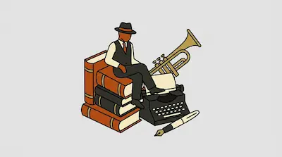 A man in a hat and vest sits on a stack of books next to a trumpet, typewriter, and fountain pen.