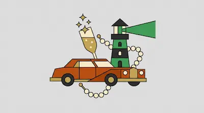 A vintage orange car, a champagne glass with stars, and a green lighthouse are surrounded by a string of pearls.