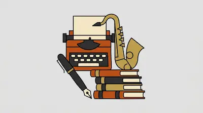 A typewriter with a sheet of paper, a saxophone, a fountain pen, and a stack of four books.