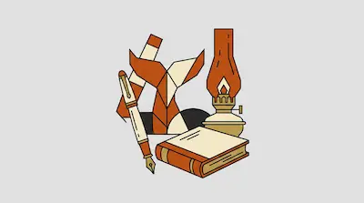 A stylized arrangement of a fountain pen, a book, an oil lamp, and a whale's tail.