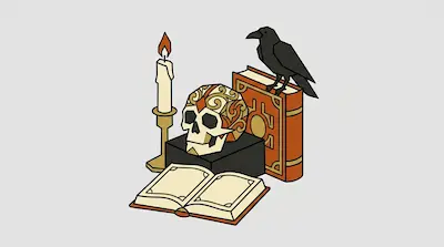 A patterned skull sits on a black block next to a lit candle and an open book, with a black raven perched on a closed book.