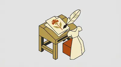 A wooden desk holds a quill pen and a drawing of a flower, with a white dress draped over the side and an orange box underneath.