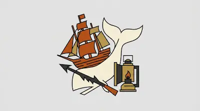 A white whale, a sailing ship, a harpoon, and a lantern are arranged in a stylized graphic.