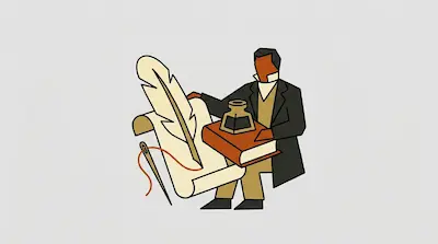 Flat illustration of a man in a coat standing behind a large quill, a scroll, and a book on a light grey background