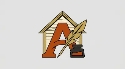 A large orange letter A inside a wooden house outline, accompanied by a quill pen and an inkwell.