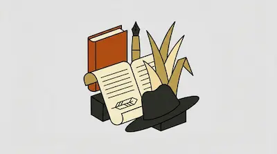 A brown book, a fountain pen, an open scroll with a feather icon, a black hat, and tall grass.