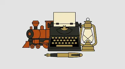 A steam locomotive, a typewriter with paper, a lantern, and a fountain pen.