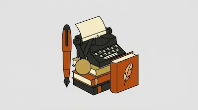 A typewriter with a medal sits on a stack of books next to a fountain pen and a book with a feather icon.
