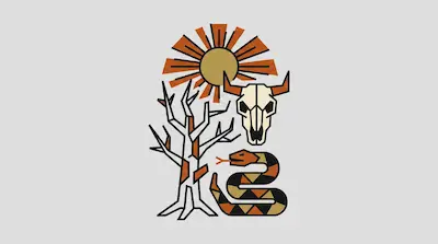 Geometric icons of a sun, a bull skull, a coiled snake, and a bare tree in orange, tan, and black.