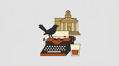 A black bird perches on a typewriter next to a glass of amber liquid, with a tan building featuring columns in the background.