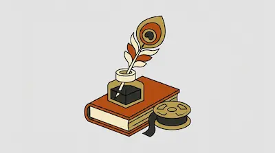 A peacock feather quill in an inkwell resting on an orange book next to a film reel.