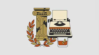 A cracked classical column, a vintage typewriter, and a glass of whiskey with a citrus twist are arranged with a laurel wreath.