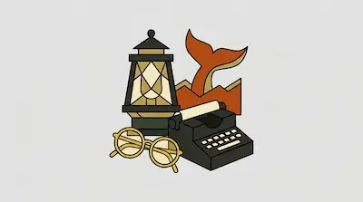 Flat illustration of a vintage typewriter, round glasses, a lantern, and a whale tail on a light grey background