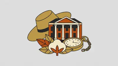 Flat illustration of a wide-brimmed hat, a classical building with columns, a pocket watch, and cotton leaves.
