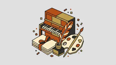 An upright piano behind a bundle of pages tied with a ribbon, a feather quill in an inkwell, and a paint palette and brush.