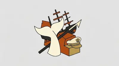 Flat illustration of a whale tail, a harpoon, a captain hat, and a wooden ship on a light gray background