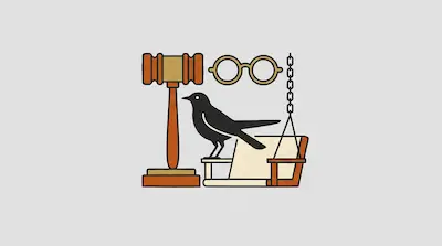 Flat illustration of a black bird standing on a porch swing next to a large wooden gavel and round glasses.