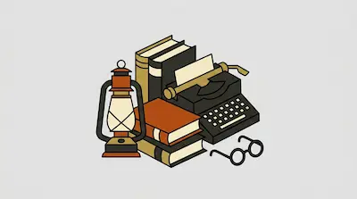 A lantern, a typewriter, a stack of books, and a pair of glasses are arranged in an isometric style.