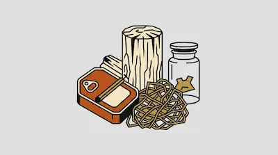 A sardine tin, a wooden log, a glass jar, and a pile of rope are grouped together.