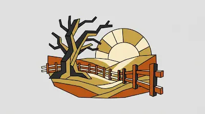 A stylized, geometric landscape featuring a bare tree, a wooden fence, and a large sun rising over rolling hills.