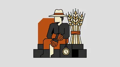 A person wearing a wide-brimmed hat and gloves sits on blocks next to a bundle of wheat and a hanging pocket watch.