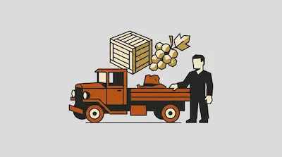 A man stands next to a vintage orange truck with a wooden crate and a bunch of grapes floating above it.