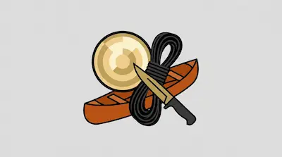 A brown canoe, a coil of black rope, a knife, and a gold circular object.