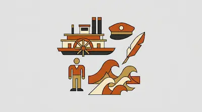 A collection of stylized icons featuring a riverboat, a captain's hat, a quill pen, a person, and waves.