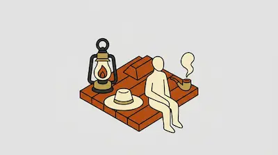 A person sits on the edge of a wooden platform smoking a pipe, accompanied by a lantern and a hat.