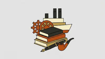 A stack of books, a fountain pen, and a smoking pipe positioned in front of a ship's wheel and a steamship.